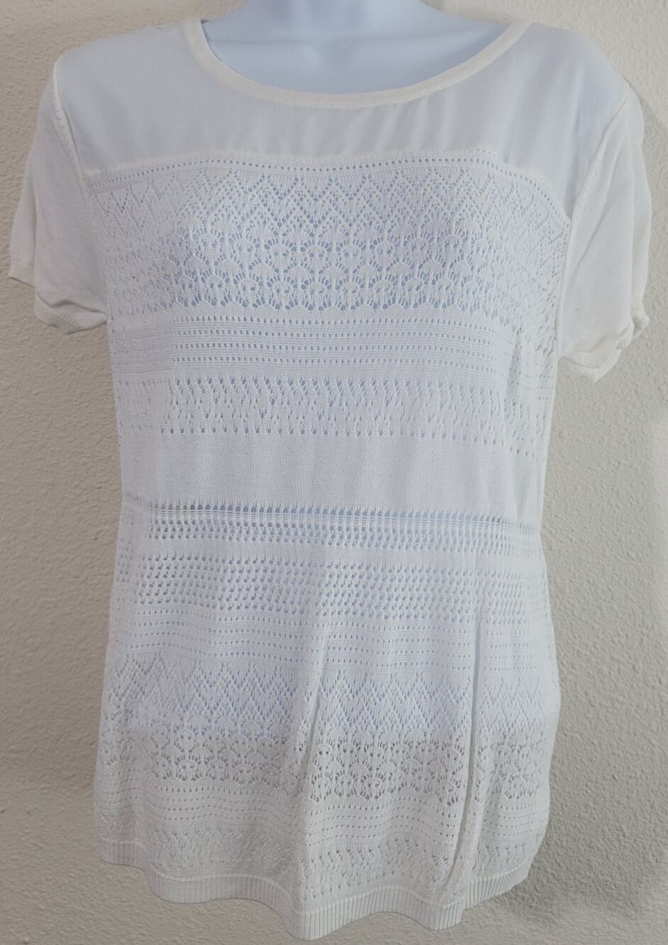 Under Skies Cream Loose Knit Top Large Lightweight Soft Delicate Short Sleeves